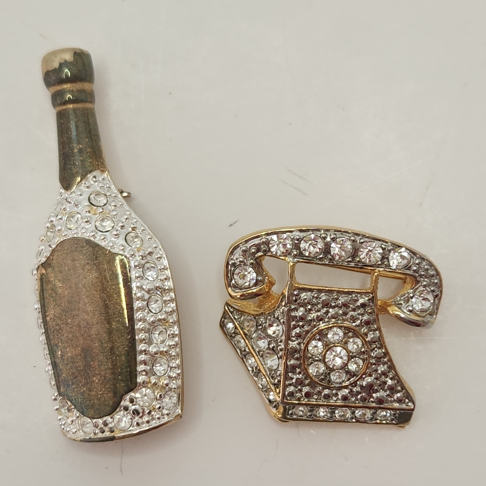 Vintage Rhinestone Novelty Brooch Set Telephone & Bottle Gold Tone Pins